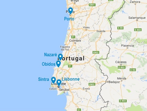 Carte des points de mon itinéraire de voyage au Portugal