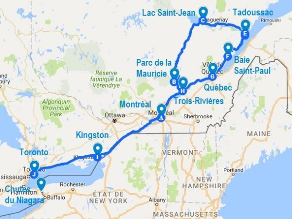 Itinéraire de mon voyage au Québec et Ontario