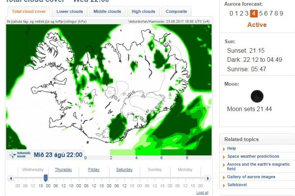 Un exemple d'indications du site internet de prévisions pour voir des aurores boréales en Islande