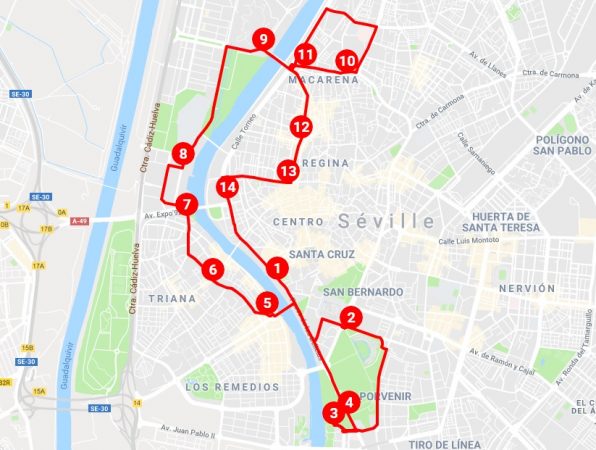 Carte des arrêts du bus touristique à Séville