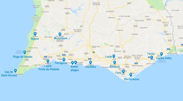 Carte de points d'intérêt en Algarve