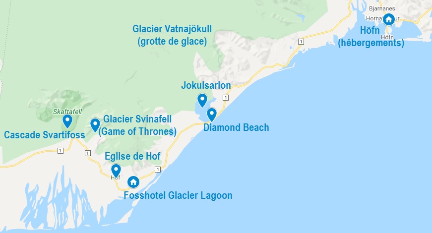 Carte de points d'intérêt à Jokulsarlon en Islande