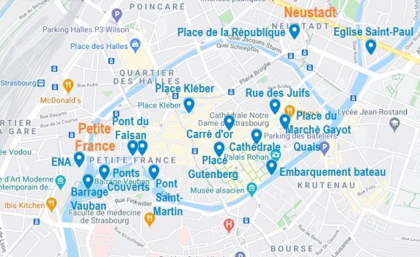 Carte de points d'intérêt à visiter à Strasbourg