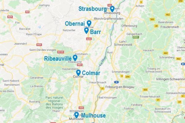 Carte de quelques villes à cibler pour dormir en Alsace