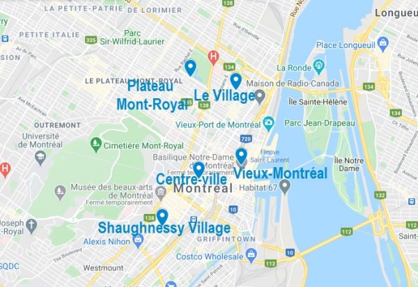 Carte de quartiers où choisir son Airbnb à Montréal