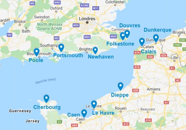 Villes desservies par le ferry entre la France et l'Angleterre