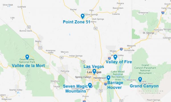Carte de points d'intérêts à faire dans les alentours de Las Vegas