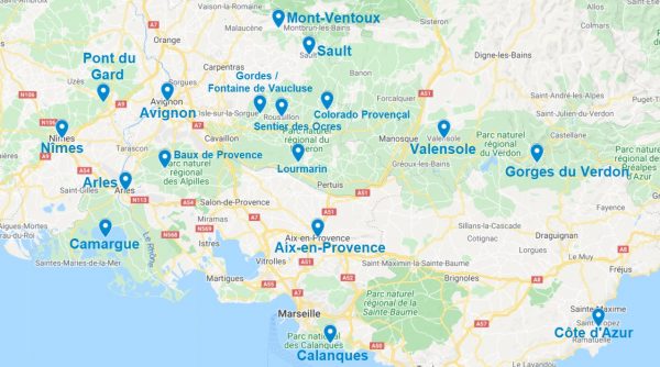 Carte de points d'intérêt à visiter en Provence