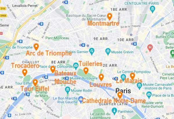 Carte de points d'intérêt pour une visite de Paris en 2 jours
